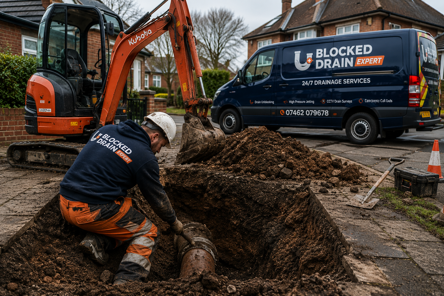 Drainage engineer working on an excavation with a branded drainage van nearby